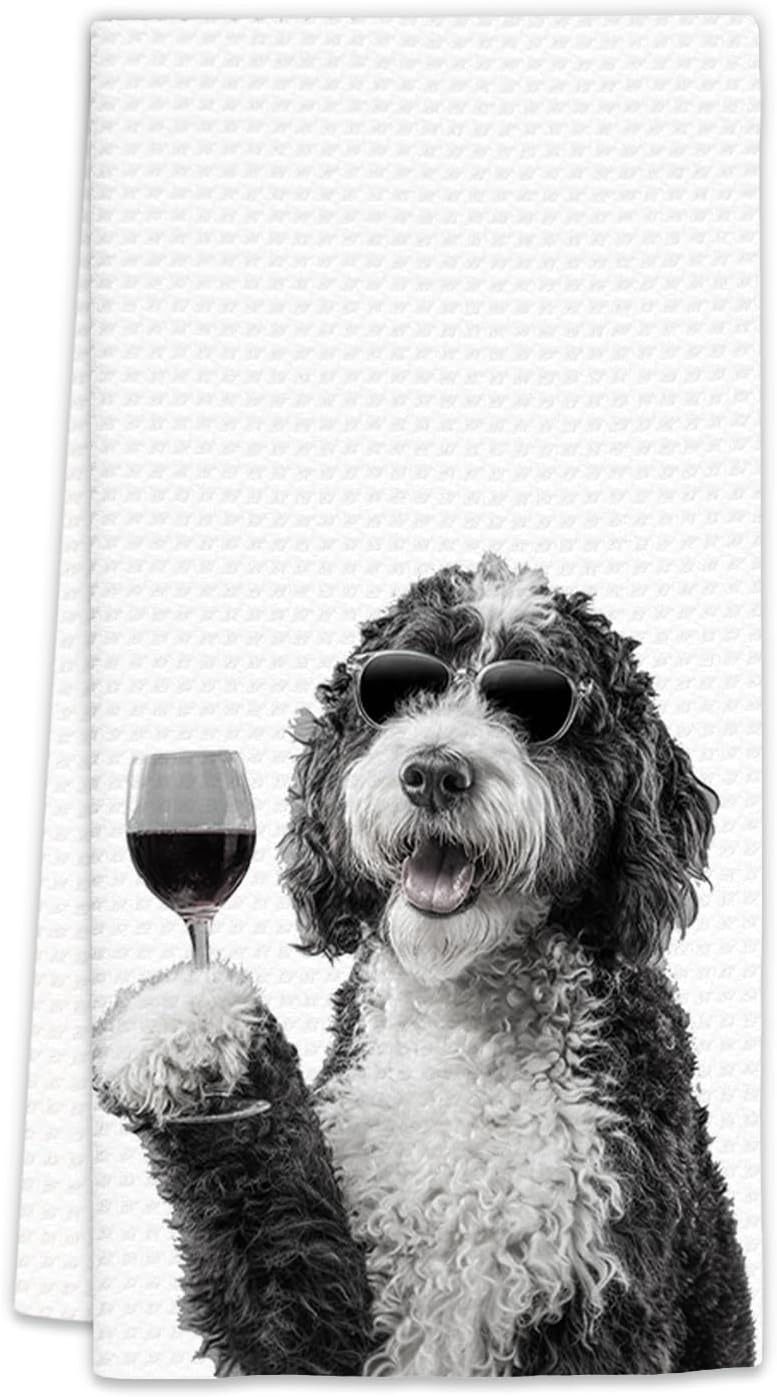 FIicy Bernedoodle Gifts Wine Dog Kitchen Towels, Gifts for Bernedoodle Dog Wine Lovers Decorative Hand Dish Towel for Kitchen Home Bar, Funny BernedoodleDog WineLover Home Bar Kitchens Decor(16x24In) - Image 1